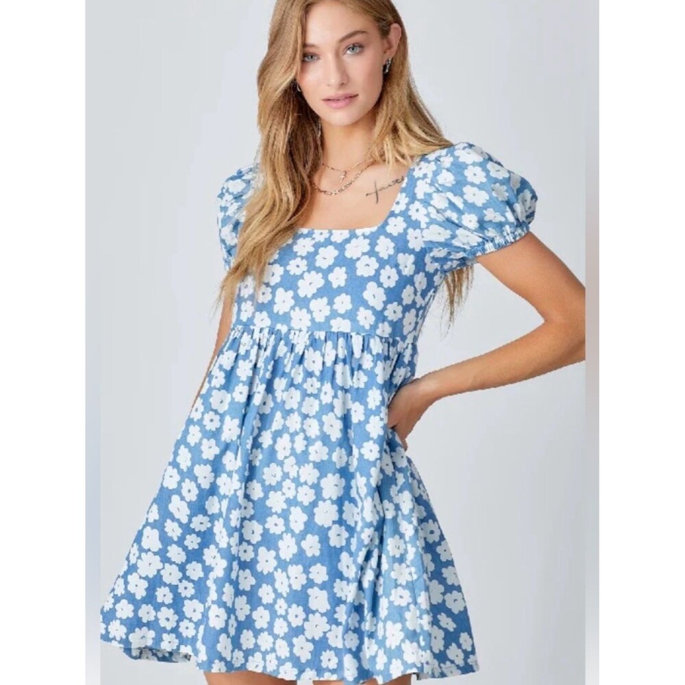 Baltic Born Blue and White Floral Puff-Sleeve Dress size medium
